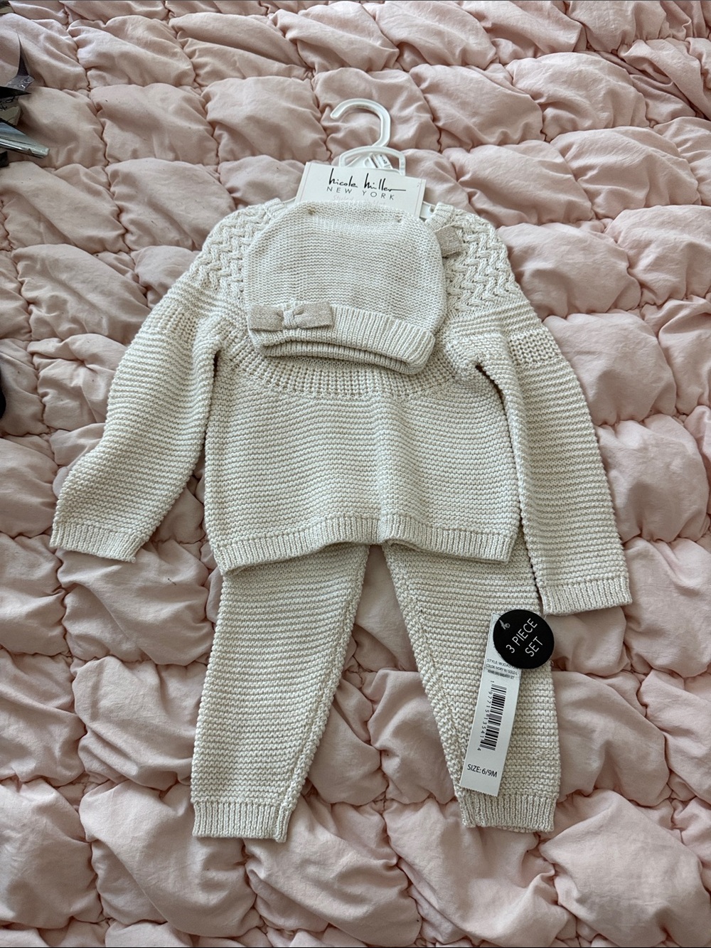 Nicole Miller Cream Knit Baby Sweater, Pants & Bow Beanie Set